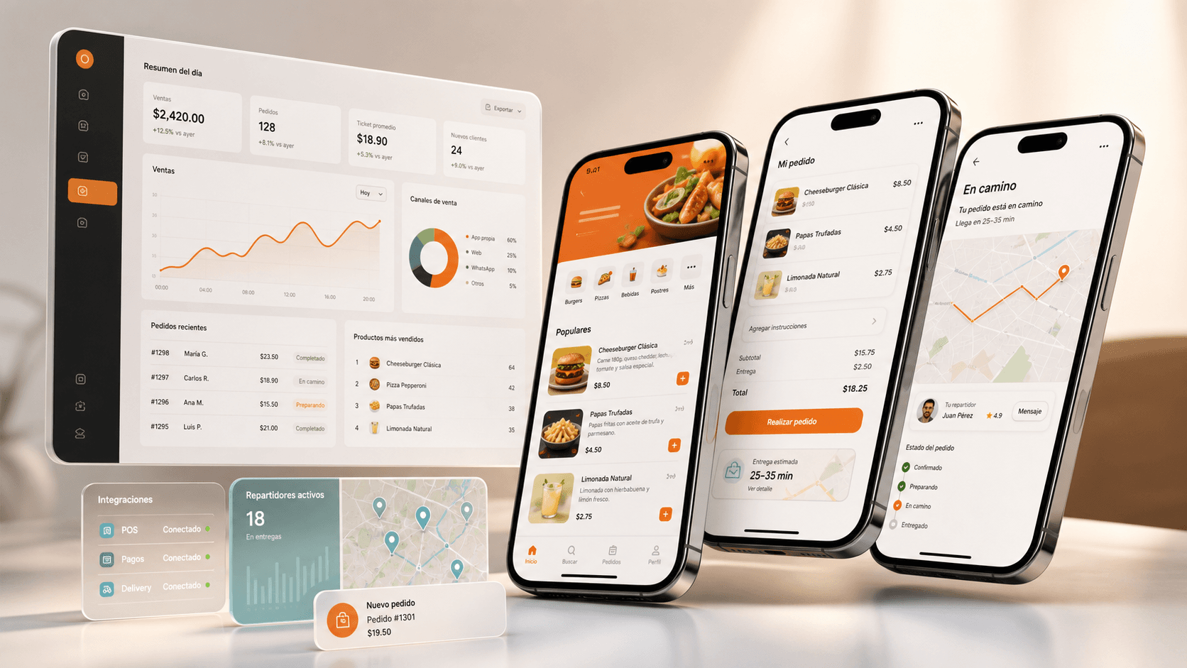 Mockup de la app y panel operativo de iHambre